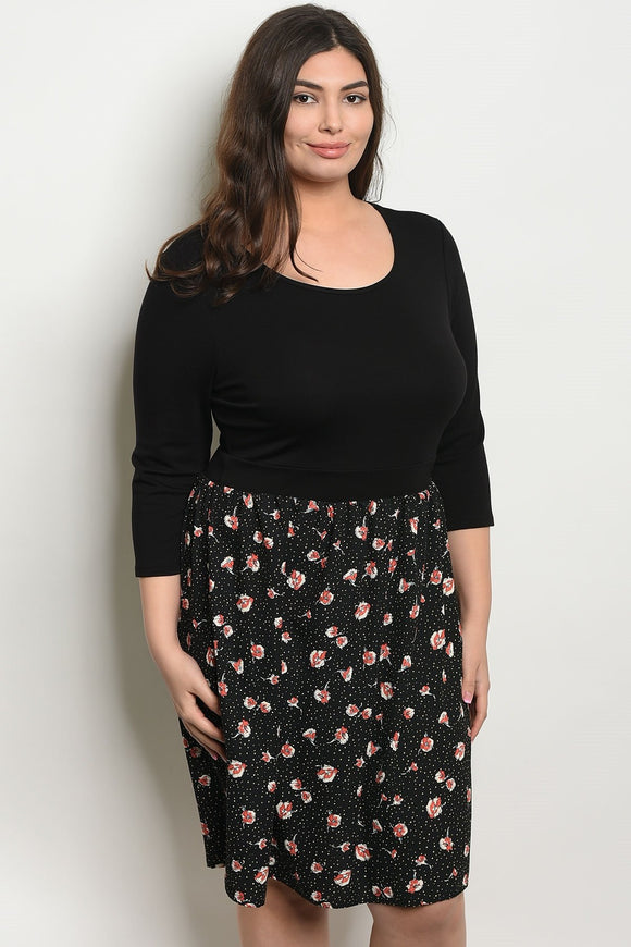 Women's Plus Size Black Floral 3/4 Sleeve Scoop Neck Floral Jersey Dress(6 pcs/ Bundle) - Presidential Brand (R)