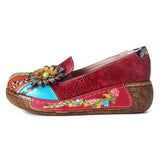 SOCOFY Retro Floral Embossed Genuine Leather Casual Slip On Platform Shoes - Presidential Brand (R)