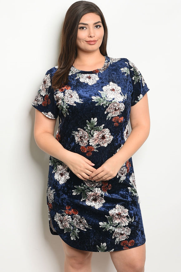 Women's Plus Size Navy Velvet Short Sleeve Round Neck Floral Shirt Dress(6 pcs/ Bundle) - Presidential Brand (R)