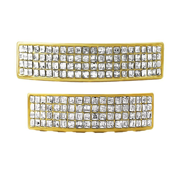 Gold 4 Row Princess Cut Grillz Top Bottom Set - Presidential Brand (R)