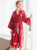 Red Long Sleeve Floral Bridal Silk Kimono Nightgown Robes - Presidential Brand (R)