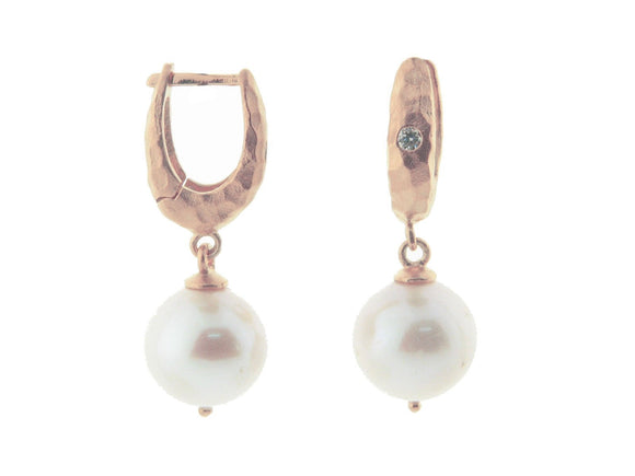 Hammered Rose Gold Pearl Drop Huggies in Sterling Silver - Presidential Brand (R)