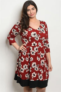 Women's Plus Size Burgundy Floral 3/4 Sleeve V-Neck Printed Tunic Dress(6 pcs/ Bundle) - Presidential Brand (R)