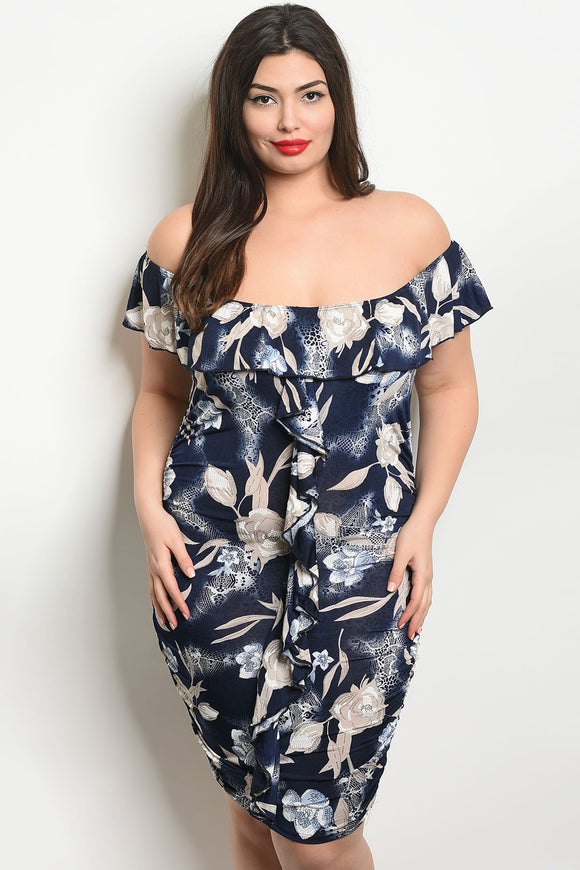 Women's Plus Size Navy Blue Short Sleeve Off Shoulder Printed Bodycon Detail Dress (6 pcs/ Bundle) - Presidential Brand (R)