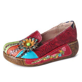 SOCOFY Retro Floral Embossed Genuine Leather Casual Slip On Platform Shoes - Presidential Brand (R)