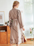 Red Long Sleeve Floral Bridal Silk Kimono Nightgown Robes - Presidential Brand (R)