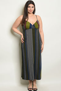 Women's Plus Size Black Olive Sleeveless V-Neck Striped Side Slit Maxi Dress(6 pcs/ Bundle) - Presidential Brand (R)
