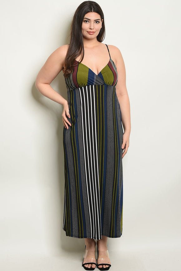 Women's Plus Size Black Olive Sleeveless V-Neck Striped Side Slit Maxi Dress(6 pcs/ Bundle) - Presidential Brand (R)