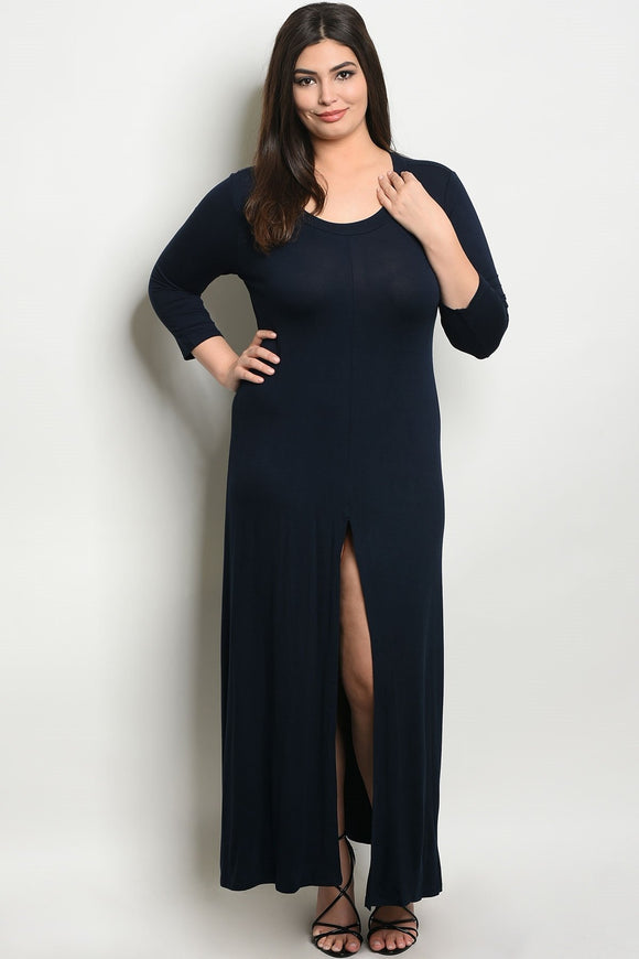 Women's Plus Size Navy 3/4 Sleeve Scoop Neck Front Slit Jersey Dress(6 pcs/ Bundle) - Presidential Brand (R)