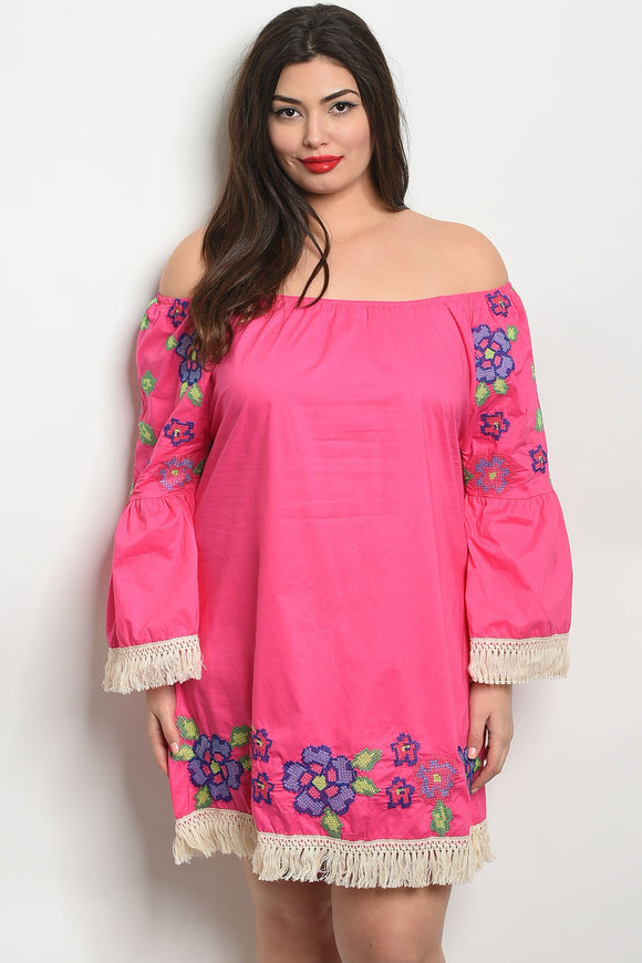 Women's Plus Size Fuchsia Long Sleeve Off The Shoulder Embroidery Tunic Dress(6 pcs/ Bundle) - Presidential Brand (R)