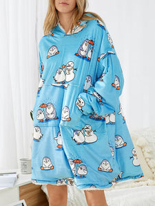 Women Cute Cartoon Penguin Print Oversized Fleece Lined Blanket Hoodie Sleepwear Robes - Presidential Brand (R)