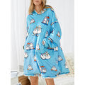 Women Cute Cartoon Penguin Print Oversized Fleece Lined Blanket Hoodie Sleepwear Robes - Presidential Brand (R)