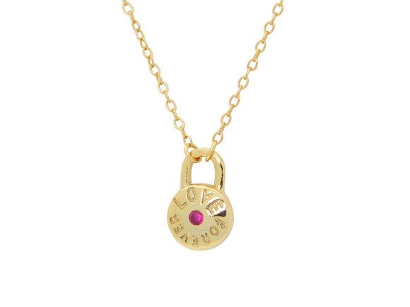 Red Cz Love Forever Lock Pendant Necklace in Gold Plated SIlver 16