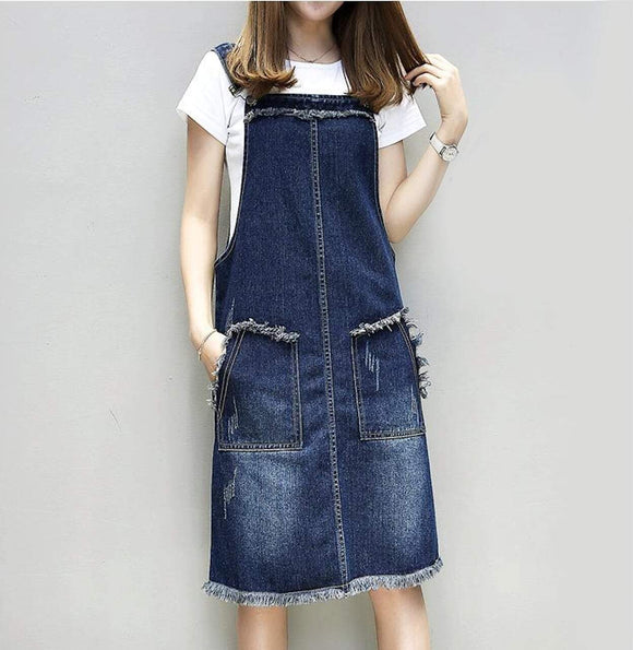 Womens Denim Pinafore Dress with Pockets - Presidential Brand (R)