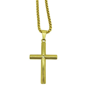 Tube Cross Pendant with Stone Gold Stainless Steel Chain Set - Presidential Brand (R)