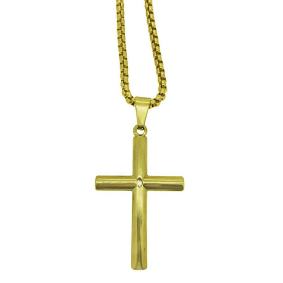 Tube Cross Pendant with Stone Gold Stainless Steel Chain Set - Presidential Brand (R)
