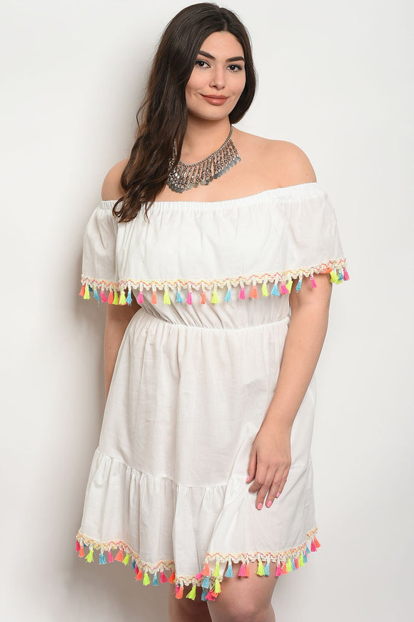Women's Plus Size Off White Short Sleeve Off The Shoulder Pom Pom Trim Tunic Dress (6 pcs/ Bundle) - Presidential Brand (R)