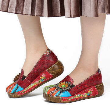 SOCOFY Retro Floral Embossed Genuine Leather Casual Slip On Platform Shoes - Presidential Brand (R)