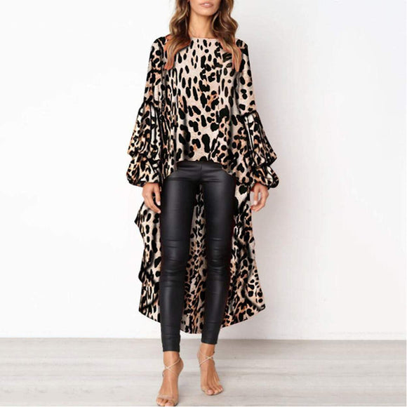 Womens Leopard Print High Low Hem Long Blouse - Presidential Brand (R)