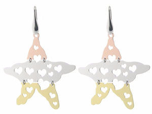 Sterling Silver Tri Color  Gold Plated 2" Star Earrings Movable with Cutout Hearts - Presidential Brand (R)