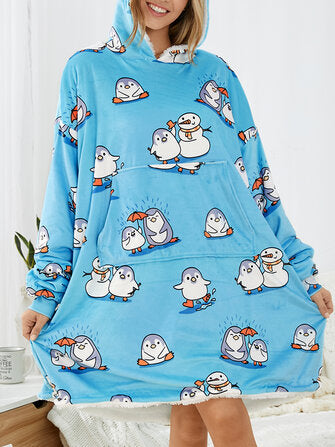 Women Cute Cartoon Penguin Print Oversized Fleece Lined Blanket Hoodie Sleepwear Robes - Presidential Brand (R)