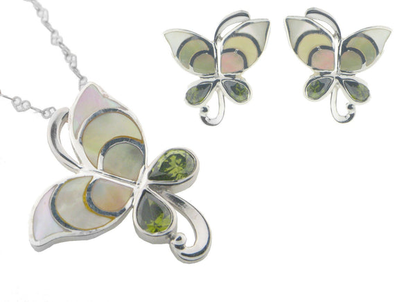 Vintage Butterfly Mother of Pearl Earring and Pendant Set   925 Sterling Silver Cubic Zirconias - Presidential Brand (R)