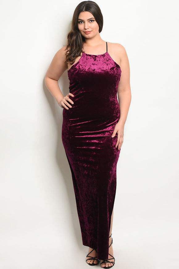 Women's Plus Size Plum Sleeveless Scoop Neck Velvet Maxi Dress With Side Slit(6 pcs/ Bundle) - Presidential Brand (R)