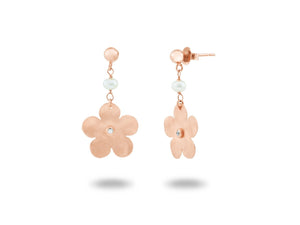 Dangling Rose Gold Hammered Flower & Mini Pearl Earrings in Sterling Silver, 15mm - Presidential Brand (R)