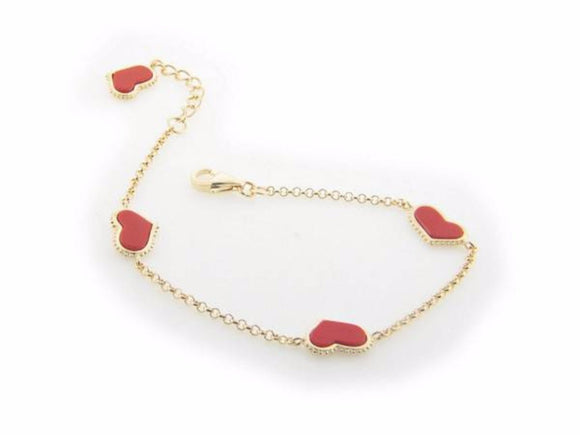 Coral Heart Charms Bracelet in Gold Plating, 7