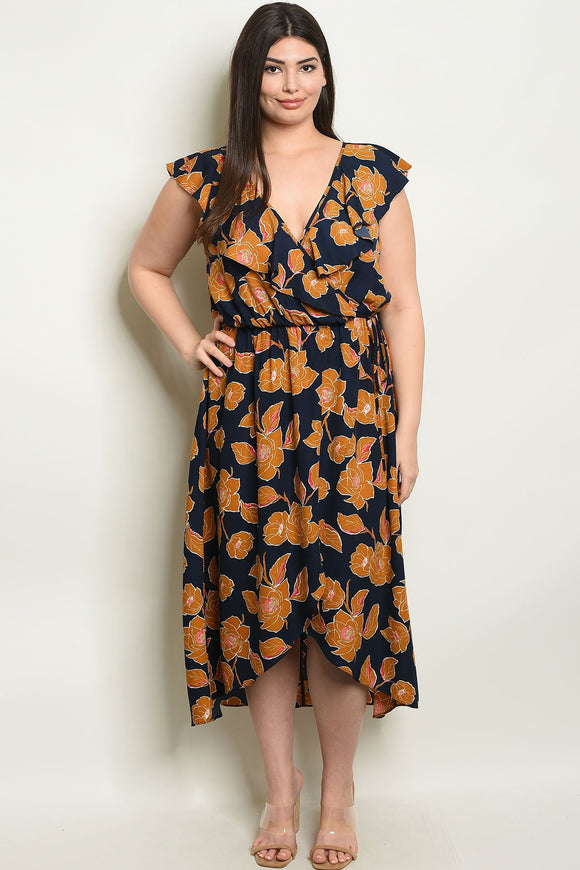 Women's Plus Size Navy Mustard Floral Sleeveless V-Neck Ruffled Midi Dress(6 pcs/ Bundle) - Presidential Brand (R)