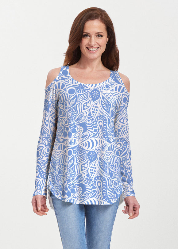 Aquatic Floral Blue (7619) ~ Cold Shoulder Tunic - Presidential Brand (R)