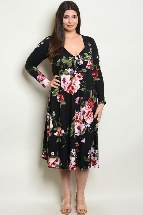 Women's Plus Size Black Floral Long Sleeve V-Neck Floral Print Midi Dress(6 pcs/ Bundle) - Presidential Brand (R)