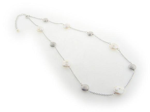 Sterling Silver Fresh Water Coin Pearls & Satin Silver Beads Necklace, 16