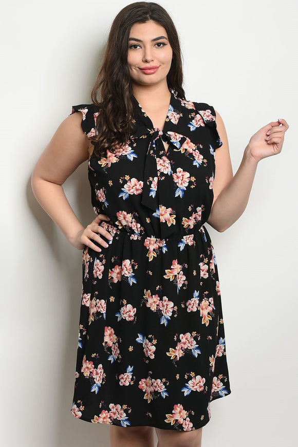 Women's Plus Size Black Floral Sleeveless V-Neck Tie Floral Tunic Dress(6 pcs/ Bundle) - Presidential Brand (R)