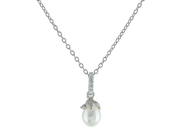 Rhodium Pl Sterling Silver Freshwater Rice Pearl Flower Bulb Earrings and Necklace Set - Presidential Brand (R)