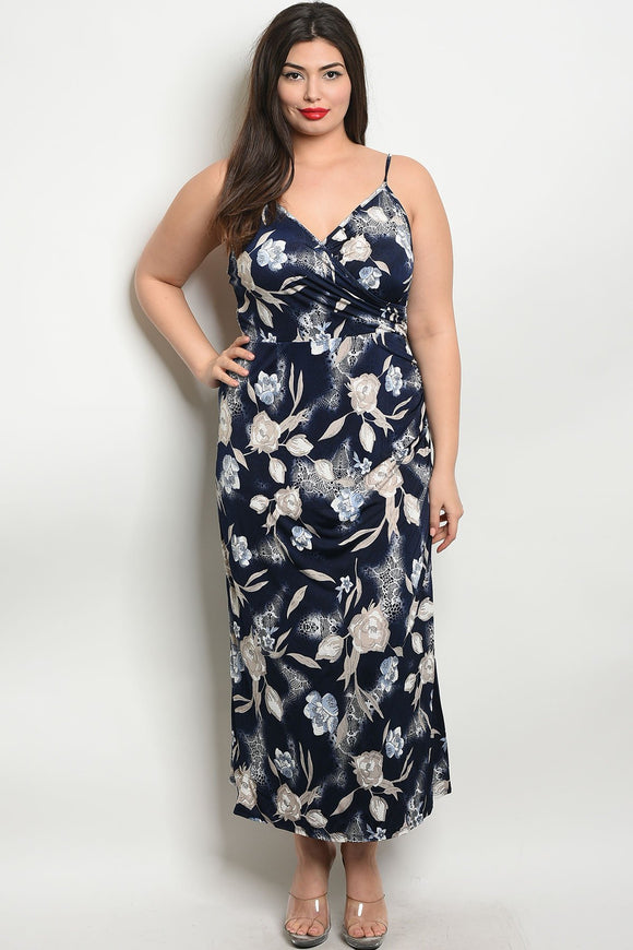 Women's Plus Size Navy Blue Sleeveless Deep V-Neck Floral Maxi Dress With Side Slit(6 pcs/ Bundle) - Presidential Brand (R)