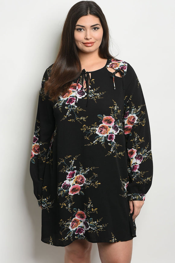 Women's Plus Size Black Floral Long Sleeve Scoop Neck Floral Tunic Dress(6 pcs/ Bundle) - Presidential Brand (R)