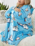 Women Cute Cartoon Penguin Print Oversized Fleece Lined Blanket Hoodie Sleepwear Robes - Presidential Brand (R)