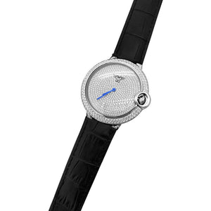 Mens CZ Pave Rounded Steel Black Leather Watch - Presidential Brand (R)