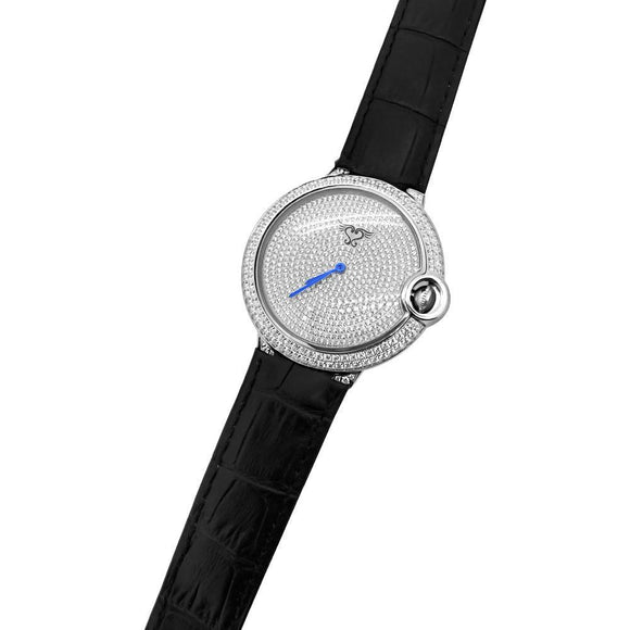 Mens CZ Pave Rounded Steel Black Leather Watch - Presidential Brand (R)