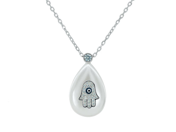 Sterling Silver Mother of Pearl Hamsa Drop Pendant Necklace | Length: 15.5 - 17.5 Inches - Presidential Brand (R)