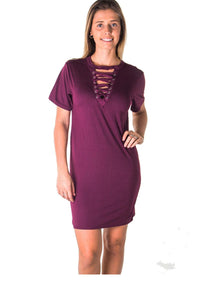 Ladies fashion knit bodycon v neck lace up mini dress - Presidential Brand (R)