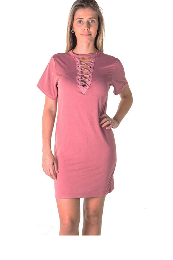 Ladies fashion knit bodycon v neck lace up mini dress - Presidential Brand (R)