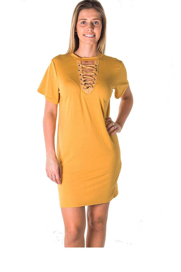 Ladies fashion knit bodycon v neck lace up mini dress - Presidential Brand (R)