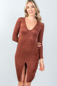 Ladies fashion deep v neckline rust front slit bodycon mini dress - Presidential Brand (R)