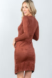 Ladies fashion deep v neckline rust front slit bodycon mini dress - Presidential Brand (R)