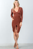 Ladies fashion deep v neckline rust front slit bodycon mini dress - Presidential Brand (R)