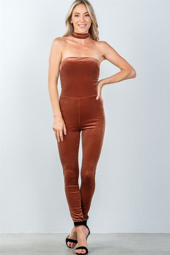 Ladies fashion zipper race back closure velvet choker jumpsuit - Presidential Brand (R)
