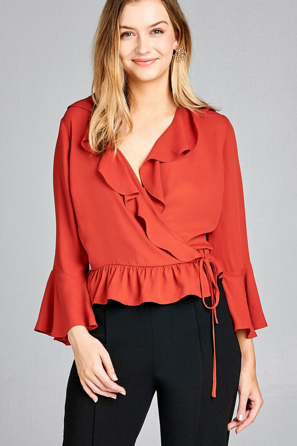 Ladies fashion 3/4 bell sleeve wrap w/ruffle side tie closure flare bottom wool dobby woven top - Presidential Brand (R)