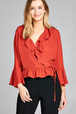 Ladies fashion 3/4 bell sleeve wrap w/ruffle side tie closure flare bottom wool dobby woven top - Presidential Brand (R)